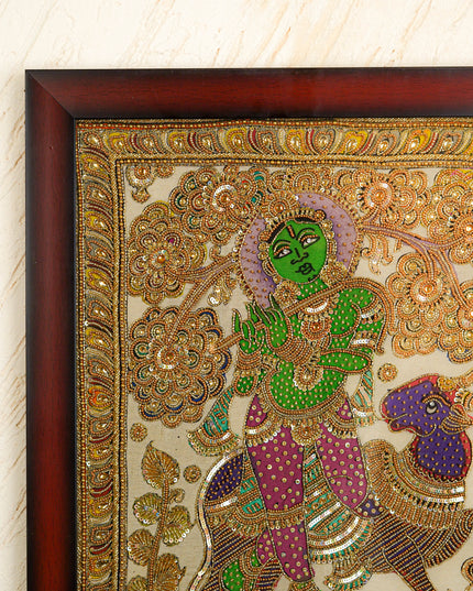 Kalamkari Semi Silk Artwork - Krishna with Cow - WL5728
