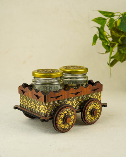 Oxidized Wooden Cart with 2 Dry Fruit Jar - WC0191