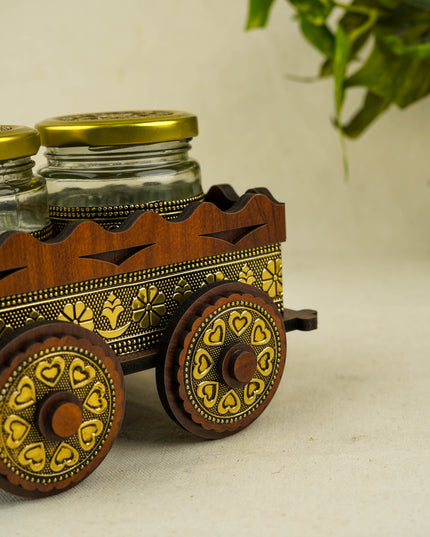 Oxidized Wooden Cart with 2 Dry Fruit Jar - WC0191