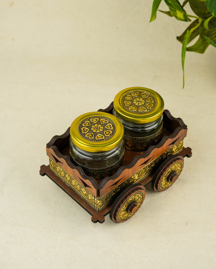 Oxidized Wooden Cart with 2 Dry Fruit Jar - WC0191