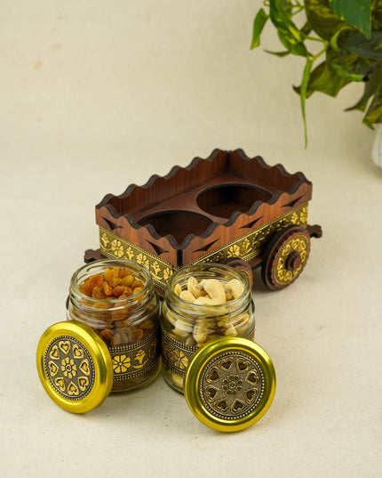 Oxidized Wooden Cart with 2 Dry Fruit Jar - WC0191