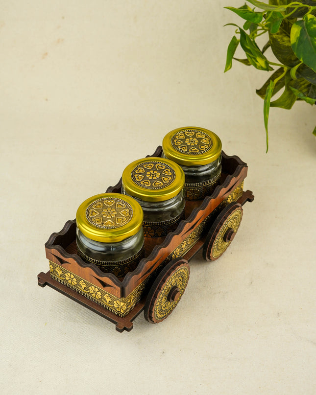 Oxidized Wooden Cart with 3 Dry Fruit Jar - WC0192
