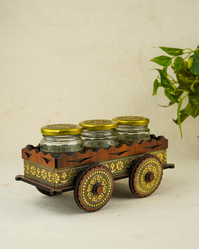 Oxidized Wooden Cart with 3 Dry Fruit Jar - WC0192