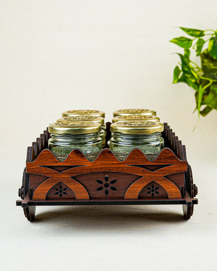 Oxidized Wooden Cart with 6 Dry Fruit Jar - WC0193