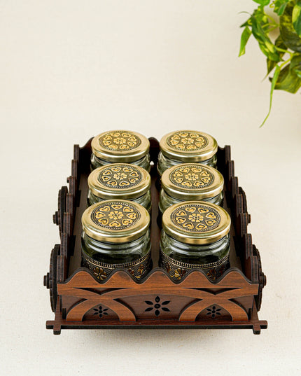 Oxidized Wooden Cart with 6 Dry Fruit Jar - WC0193