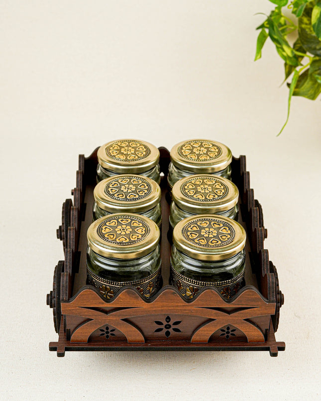 Oxidized Wooden Cart with 6 Dry Fruit Jar - WC0193