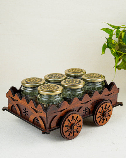 Oxidized Wooden Cart with 6 Dry Fruit Jar - WC0193