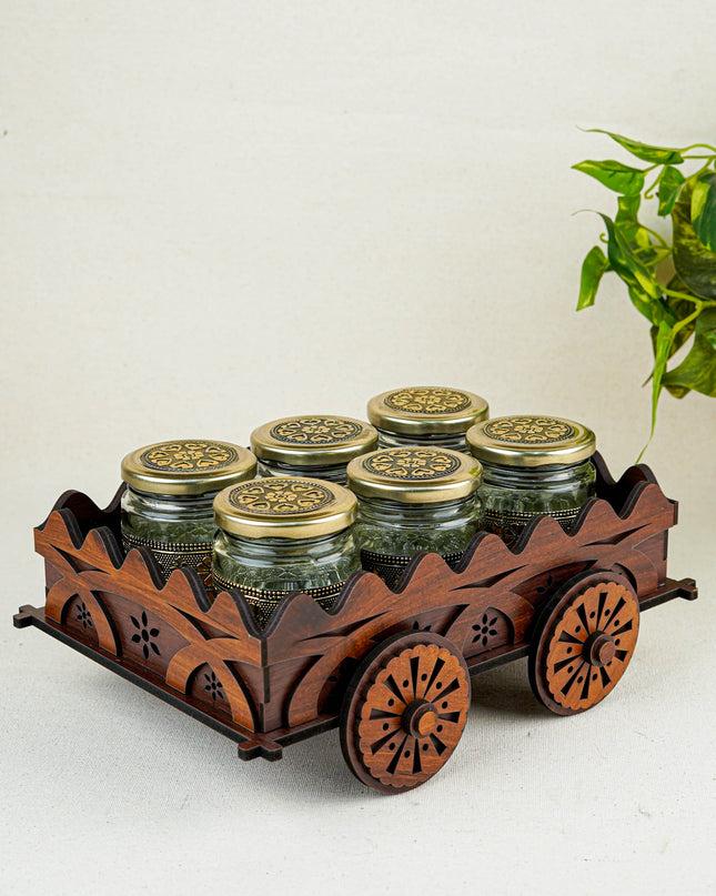 Oxidized Wooden Cart with 6 Dry Fruit Jar - WC0193