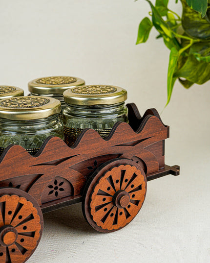 Oxidized Wooden Cart with 6 Dry Fruit Jar - WC0193