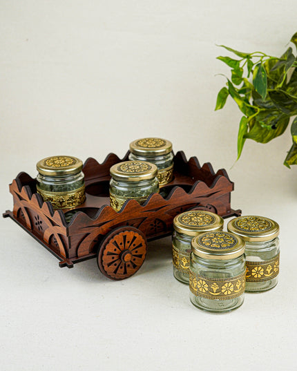 Oxidized Wooden Cart with 6 Dry Fruit Jar - WC0193