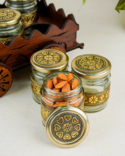 Oxidized Wooden Cart with 6 Dry Fruit Jar - WC0193