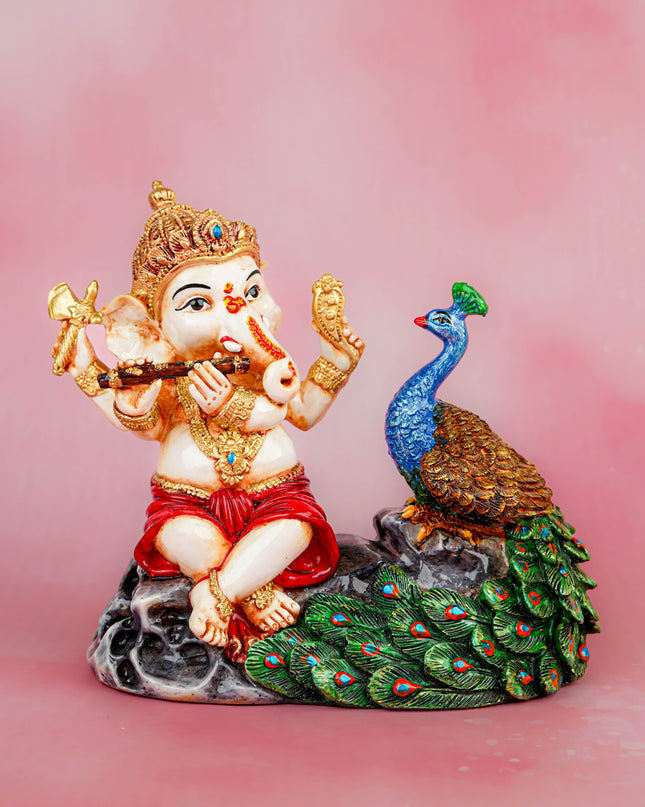 Polyresin Ganesha with Peacock Idol - 6 inch - WL5743