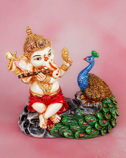 Polyresin Ganesha with Peacock Idol - 6 inch - WL5743