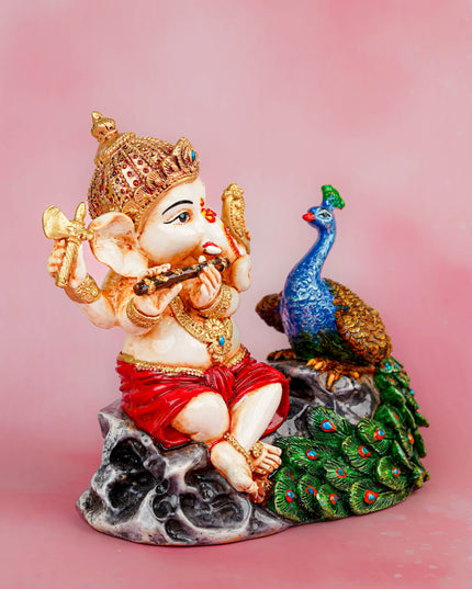 Polyresin Ganesha with Peacock Idol - 6 inch - WL5743