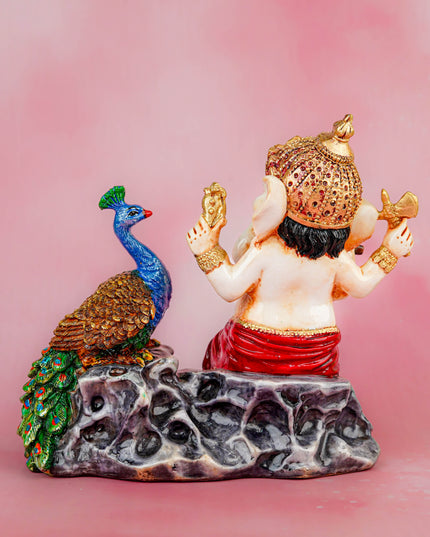 Polyresin Ganesha with Peacock Idol - 6 inch - WL5743