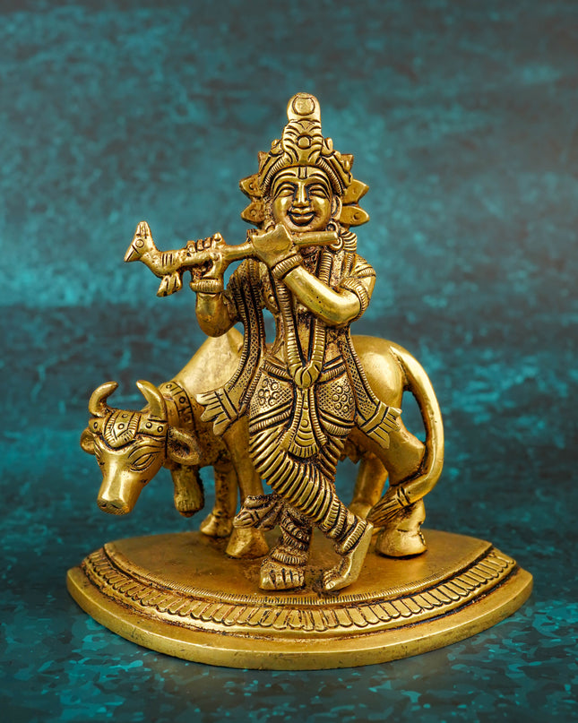 Brass Krishna with Cow - 5 inch - WL5790