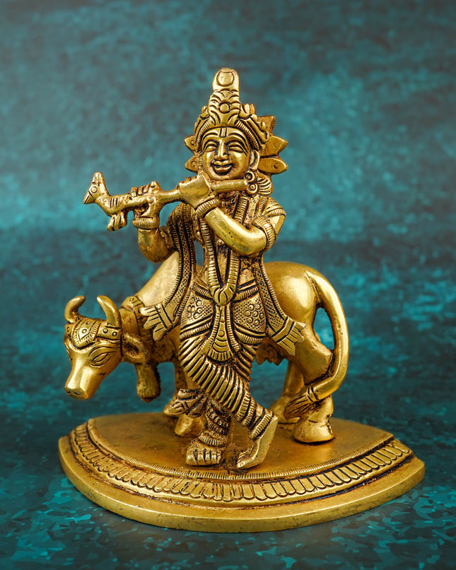 Brass Krishna with Cow - 5 inch - WL5790