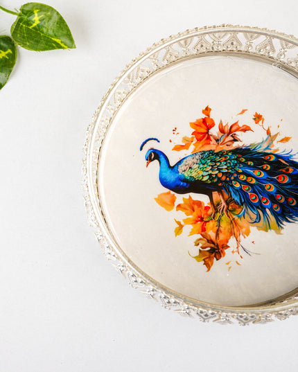 German Silver Peacock Design Tray - 6 inch - WL5807