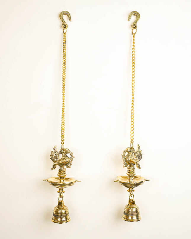 Brass Annapakshi Hanging - 5 Face Diya with Bell - Set of 2 - WL5808