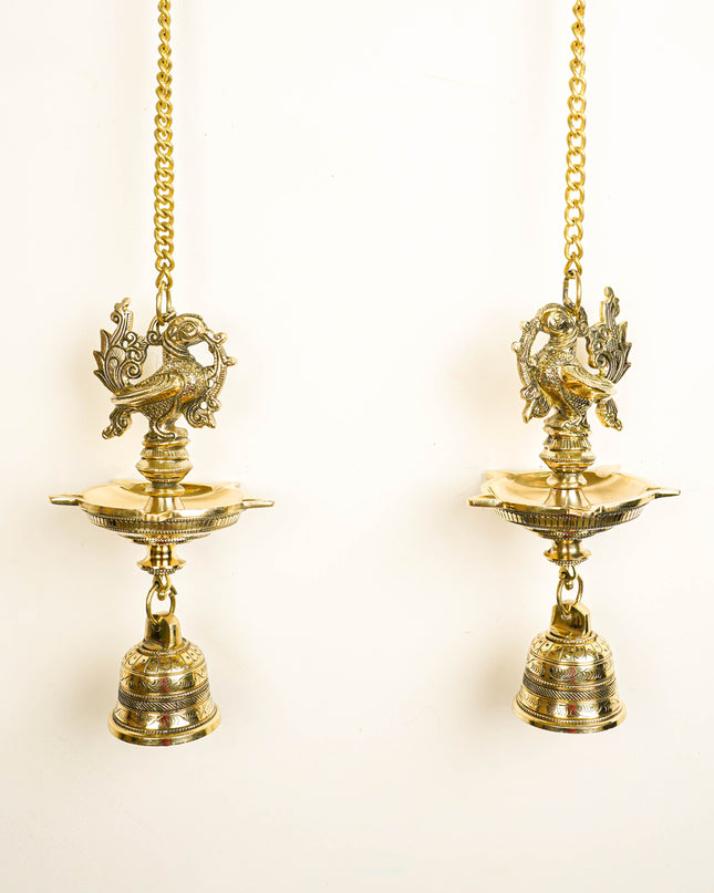 Brass Annapakshi Hanging - 5 Face Diya with Bell - Set of 2 - WL5808