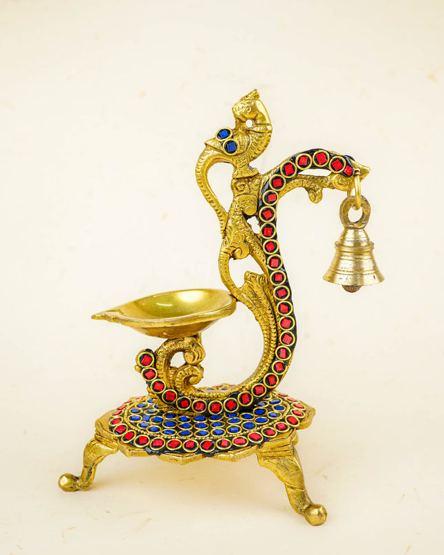 Brass Parrot Diya with Chowki & Stone Work - Blue - WL5819-1