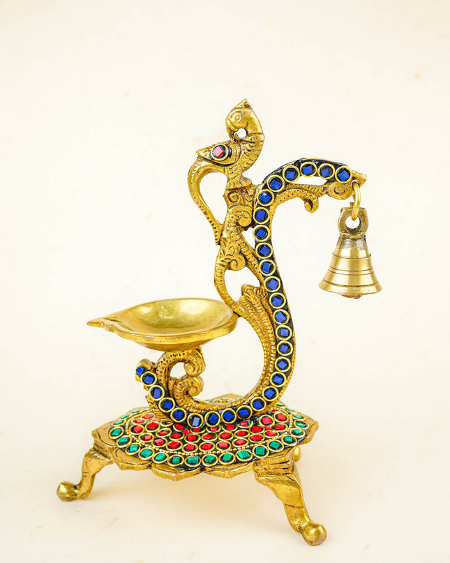 Brass Parrot Diya with Chowki & Stone Work - Green - WL5819-2
