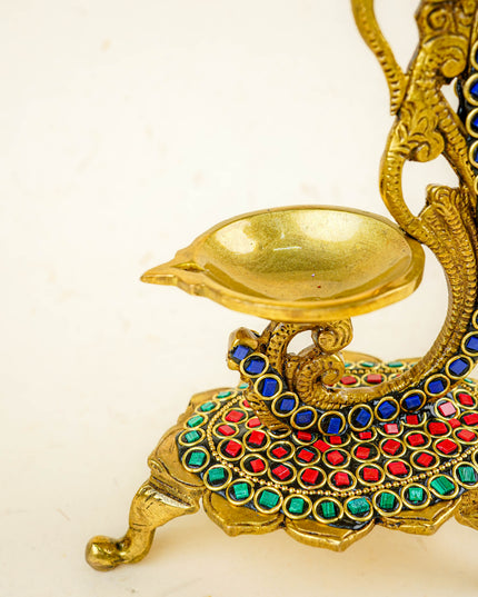 Brass Parrot Diya with Chowki & Stone Work - Green - WL5819-2