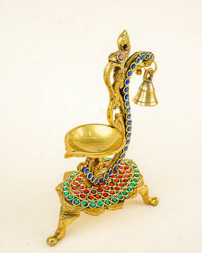 Brass Parrot Diya with Chowki & Stone Work - Green - WL5819-2