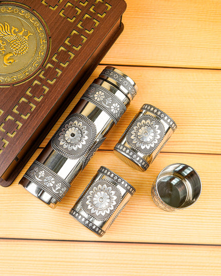 Wooden Annapakshi Box with Oxidized Bottle & 3 Glass - WL5852