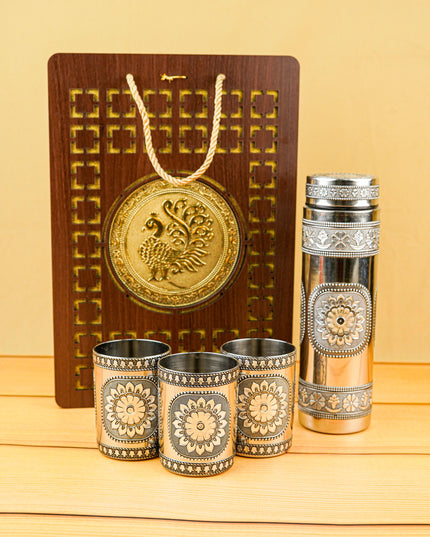 Wooden Annapakshi Box with Oxidized Bottle & 3 Glass - WL5852