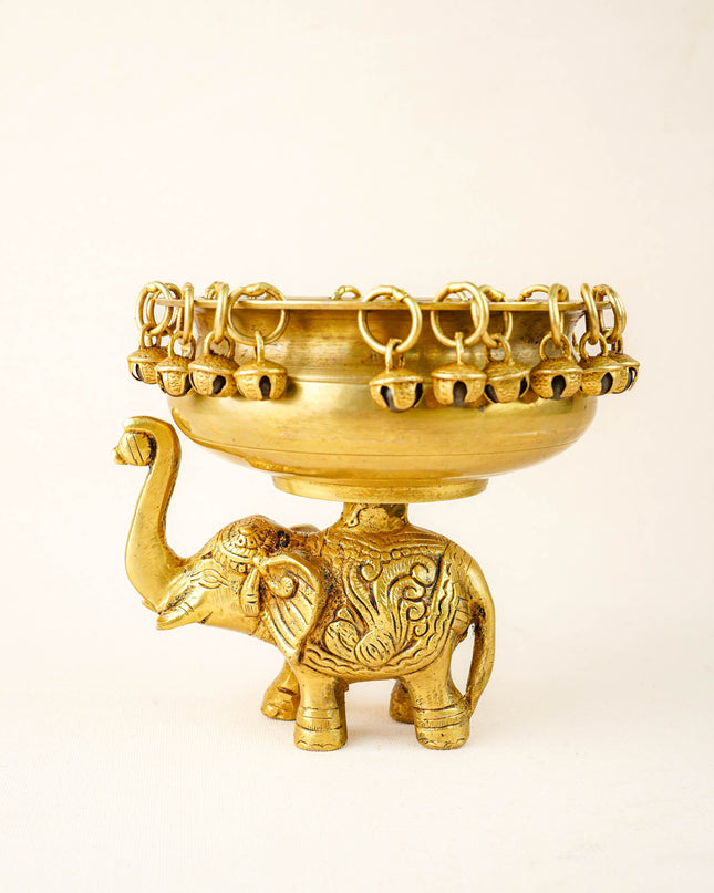 Brass Elephant Urli with Bells - 6 inch - WL5871