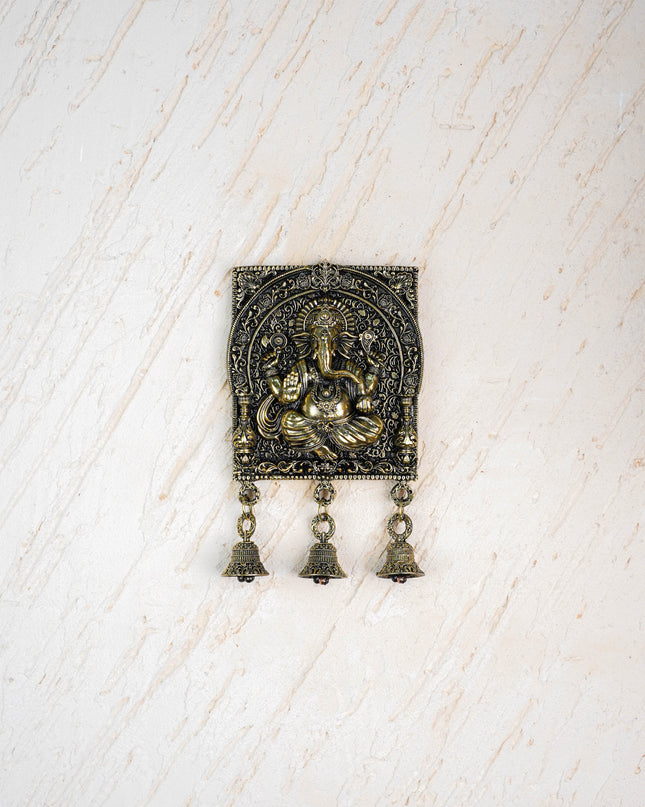 Brass Antique Ganesha Wall Hanging with Bell - 7 inch - WL5886