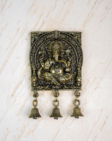 Brass Antique Ganesha Wall Hanging with Bell - 7 inch - WL5886