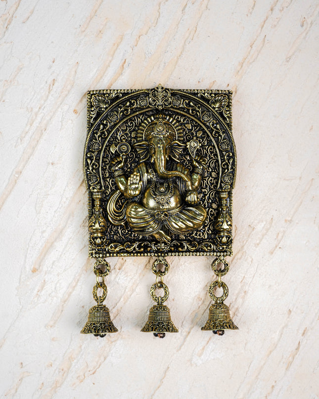 Brass Antique Ganesha Wall Hanging with Bell - 7 inch - WL5886