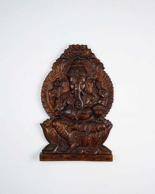 Wooden Carved Ganesha Wall Hanging Frame - Brown - 18 inch - WL5889
