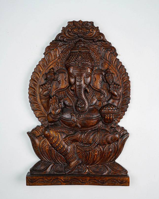 Wooden Carved Ganesha Wall Hanging Frame - Brown - 18 inch - WL5889