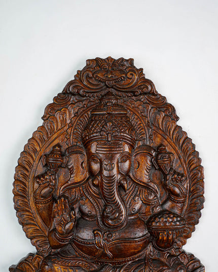 Wooden Carved Ganesha Wall Hanging Frame - Brown - 18 inch - WL5889