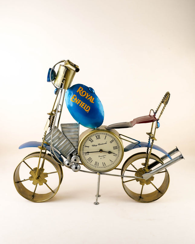Metal Painted Royal Enfield Bike with Clock - Blue - WL5892-2