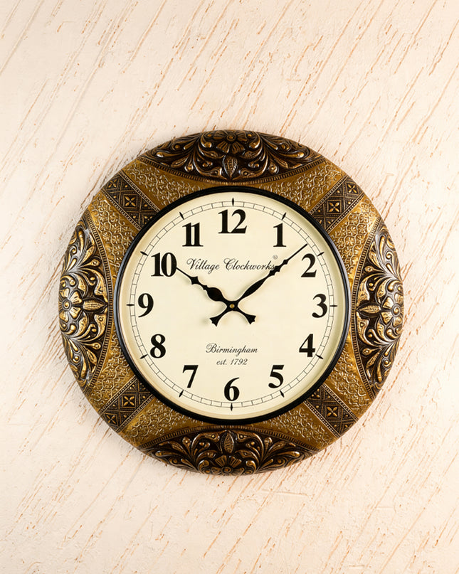 Wall Clock - Embossed Brass with Floral Design - 18 inch  - WL5908