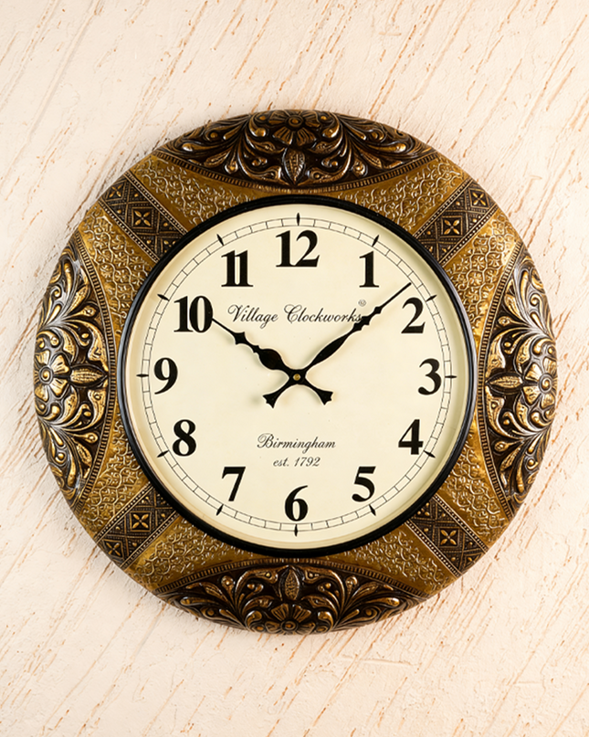 Wall Clock - Embossed Brass with Floral Design - 18 inch  - WL5908