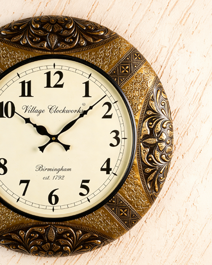 Wall Clock - Embossed Brass with Floral Design - 18 inch  - WL5908