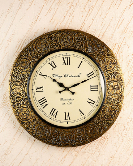 Wall Clock - Embossed Brass with Zodiac Signs - 18 inch  - WL5910