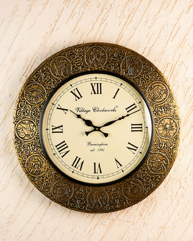 Wall Clock - Embossed Brass with Zodiac Signs - 18 inch  - WL5910
