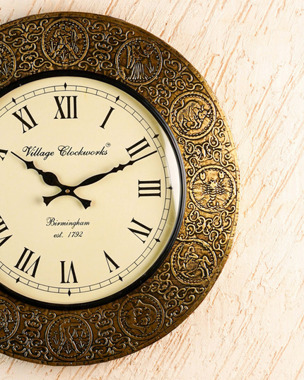 Wall Clock - Embossed Brass with Zodiac Signs - 18 inch  - WL5910