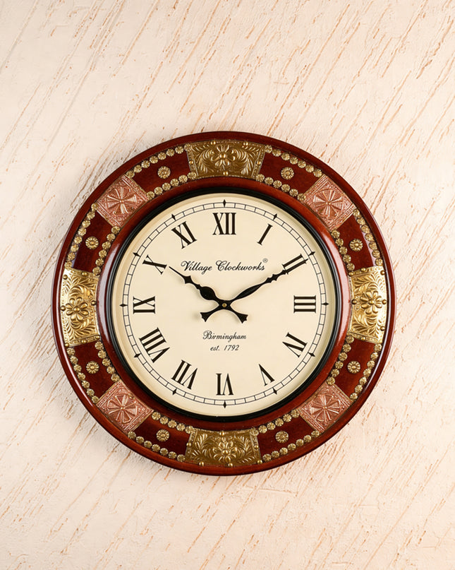 Wall Clock - Embossed Brass with Floral Designs - 18 inch  - WL5911