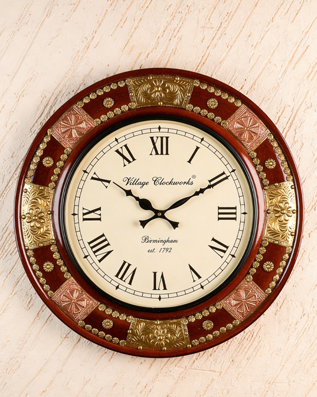 Wall Clock - Embossed Brass with Floral Designs - 18 inch  - WL5911