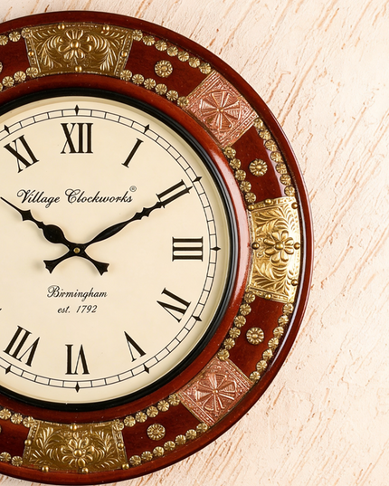 Wall Clock - Embossed Brass with Floral Designs - 18 inch  - WL5911