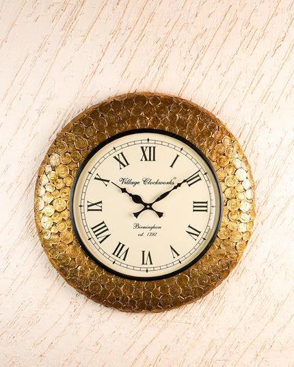 Wall Clock - Embossed Brass with Coins - 18 inch  - WL5913
