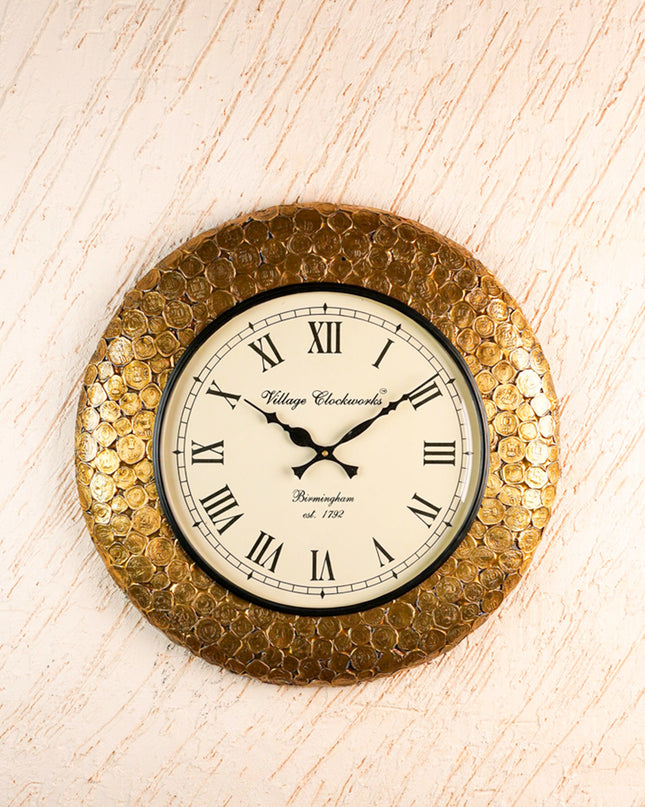 Wall Clock - Embossed Brass with Coins - 18 inch  - WL5913
