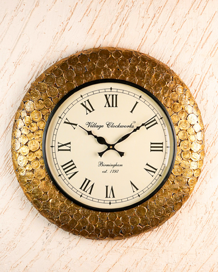 Wall Clock - Embossed Brass with Coins - 18 inch  - WL5913